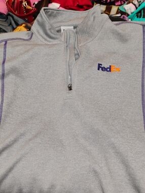 Dex Men’s Light Gray Quarter-Zip Sweater with Purple and Orange Logo